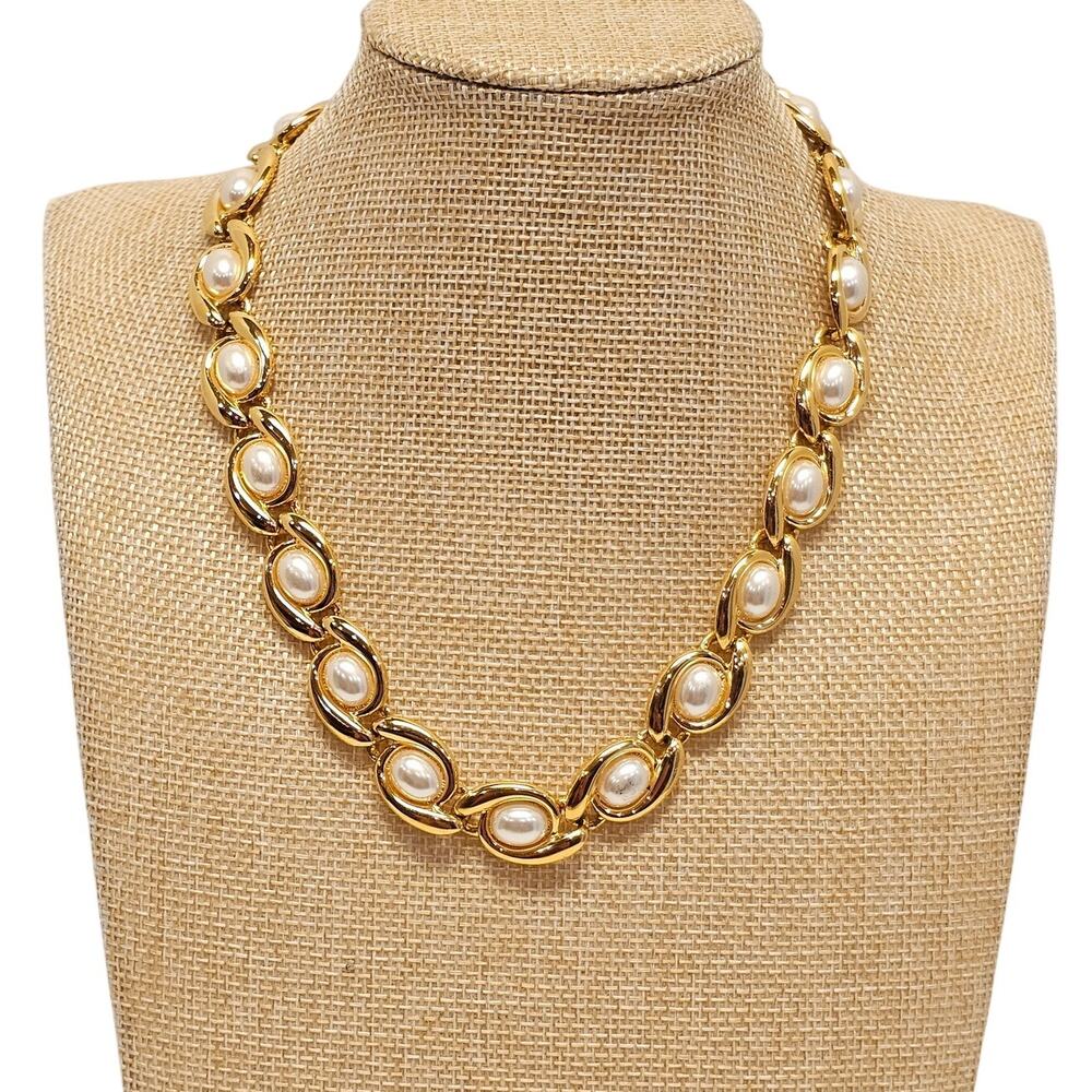 Gold Tone Faux Pearl Link Necklace 17" Oval Statement Vintage Napier Classic VTG